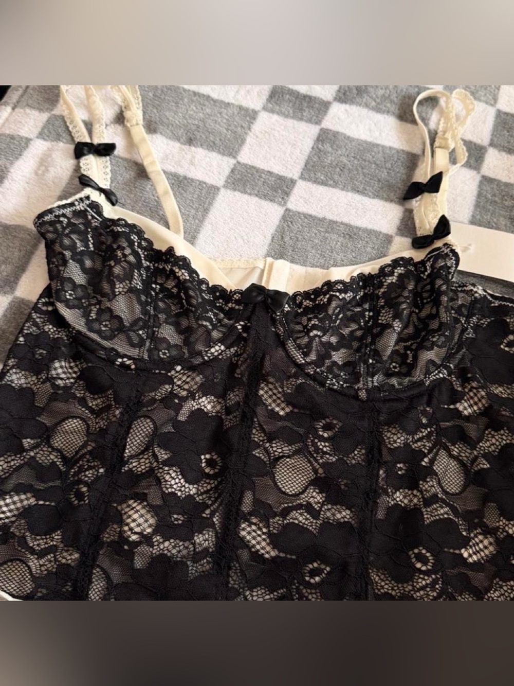 Black Lace Tank Top with Cream Trim - Women's Intimates